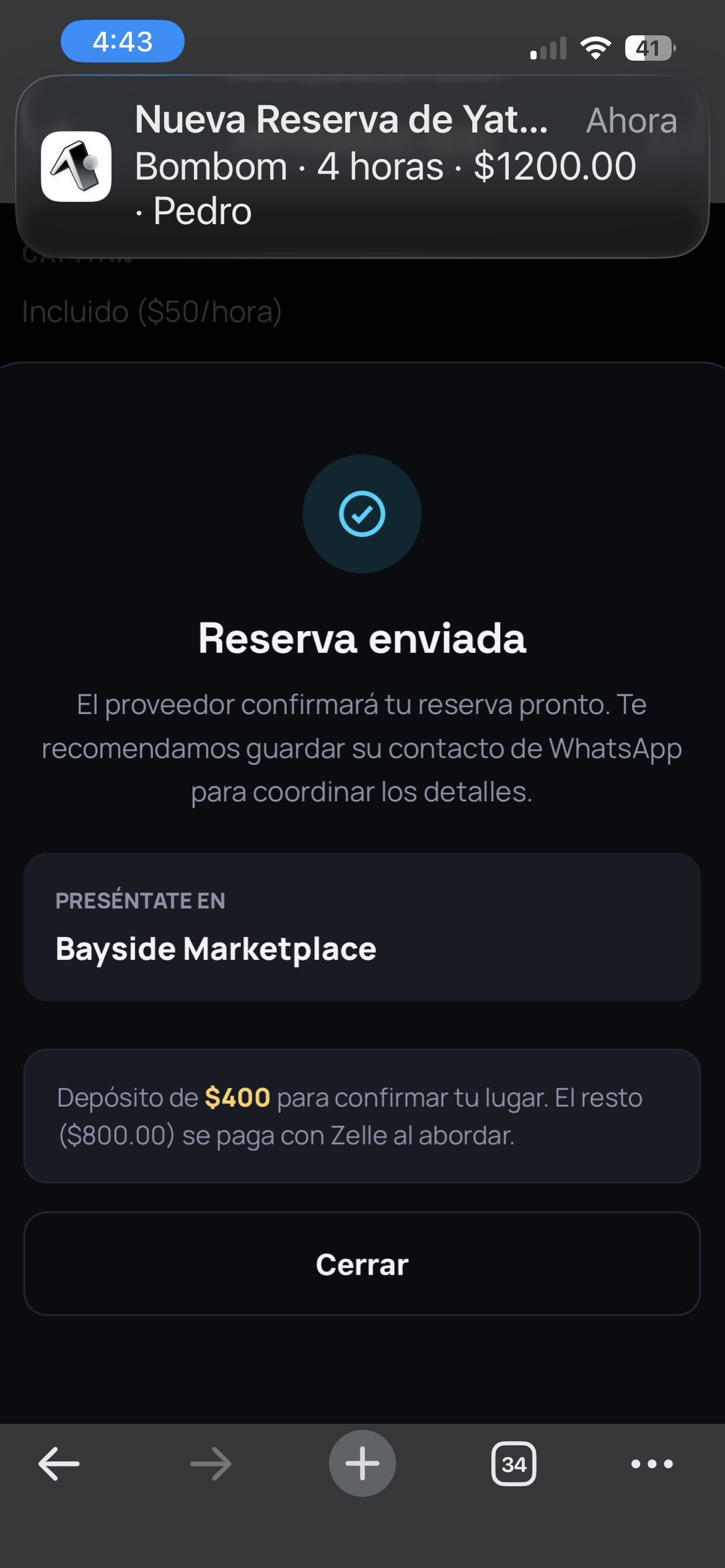 Solicitud de reserva recibida en Zenda